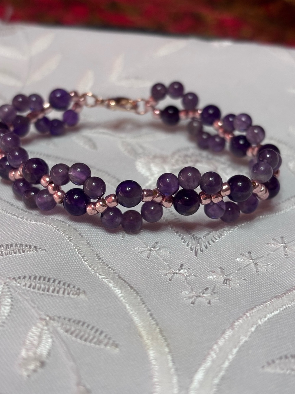 Amethyst Beaded Bracelet with Rose Gold Accent 7.5 inches